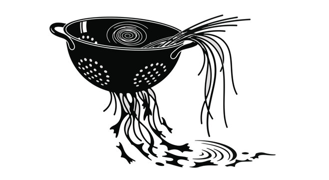 Colander drains cooked spaghetti noodles into a liquid pool in this minimalist black and white graphic illustration.