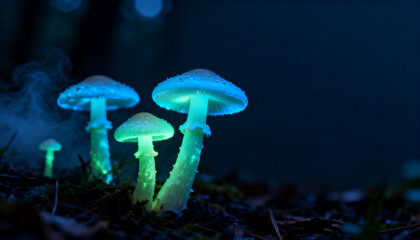 Naklejka premium bioluminescent mushrooms glowing with neon blue and green light on a dark forest floor at night for a better cinematic atmosphere with smooth bokeh background and copy space