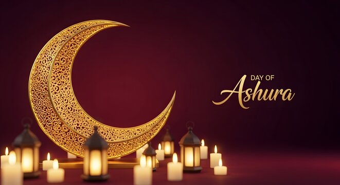 Happy ashura golden crescent moon and candles islamic new year greetings