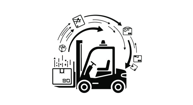 Forklift truck with circular arrows and boxes represents logistics and supply chain management.