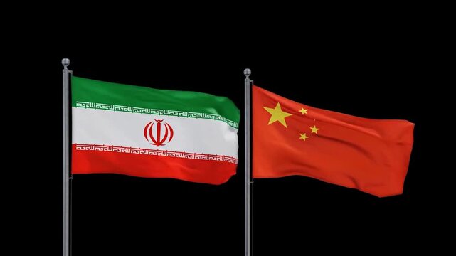 Iran and China National Flags Waving Side by Side on Green Screen and Black Background