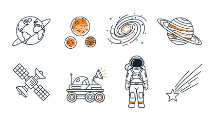 Set of outer space icons featuring astronaut planets and satellite in line art style © Vertu