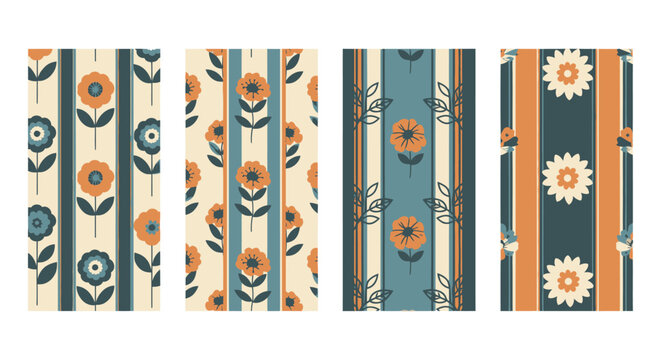 Set of four retro floral seamless patterns with vintage flowers and vertical stripes