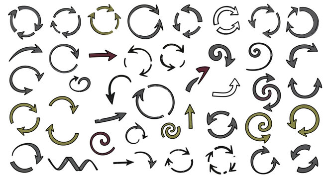 Set of hand drawn circular arrows and graphic motion symbols on white background.