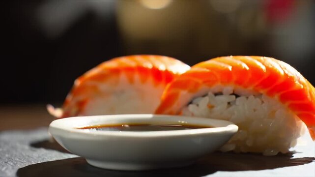 soy sauce pours into a small dish beside fresh salmon sushi, rising and rippling as glossy liquid catches light in a minimal restaurant setting with rich texture and appetizing presentation
