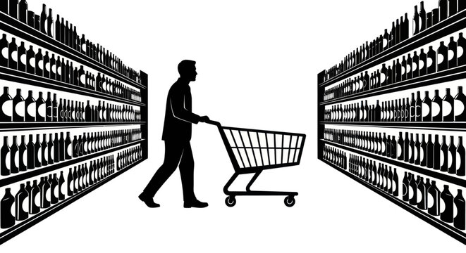Man with shopping cart in aisle of bottled goods
