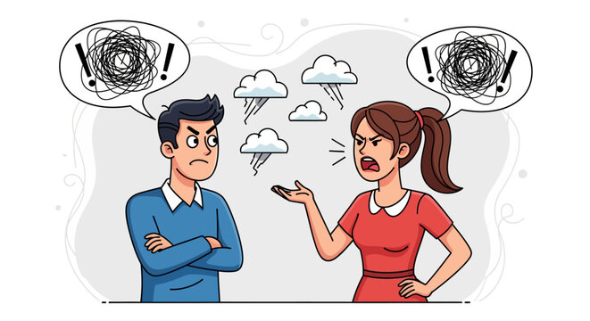 cartoon couple arguing with angry thoughts.