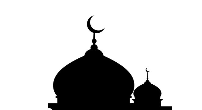 Black silhouette of mosque domes with crescent moon.
