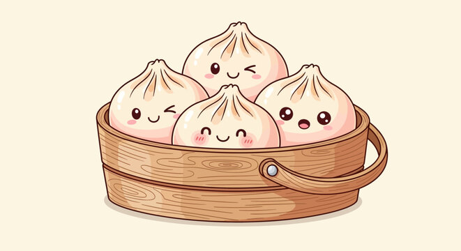 Cute cartoon steamed buns in basket.