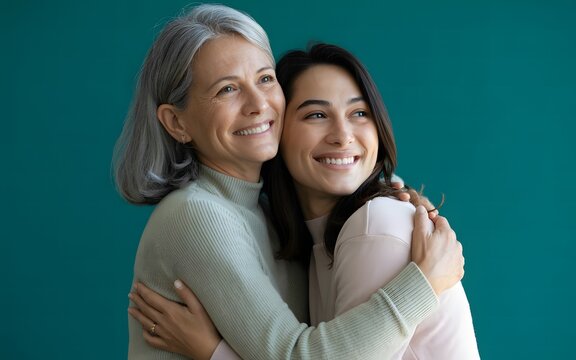 Young woman hugging her smiling mother from behind on turquoise background.