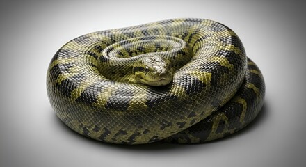 Fototapeta premium Coiled Anaconda Snake with Yellow and Black Pattern, Reptile Portrait