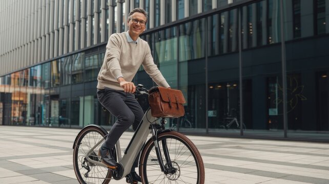 Smiling man in casual business attire riding a modern bicycle with a leather bag through a contemporary city street, enjoying his commute
