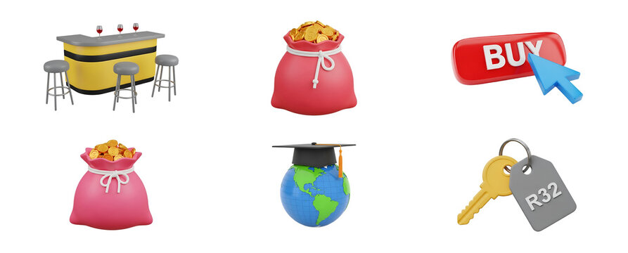 3D shopping and business concept with gift bags, globe, and sale tags on white