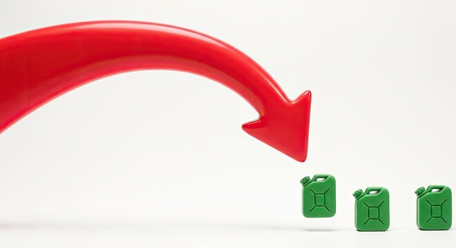 Dramatic red arrow pointing down to green gasoline cans, decline of fuel prices, economic Concept