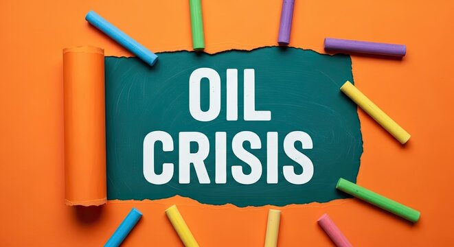 Chalkboard with text 'Oil Crisis' framed by colorful chalk pieces, financial turmoil, concept.