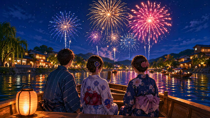 Fototapeta premium People watching summer fireworks from a boat on a river at night