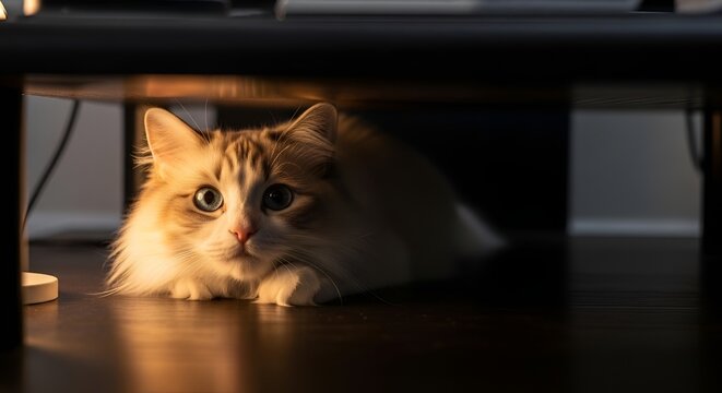 Curious Fluffy Cat Hiding Under Table, Looking Out