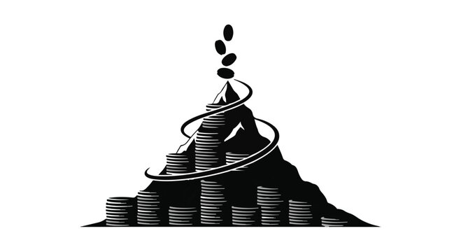A mountain made of stacked coins with falling coins at the peak.