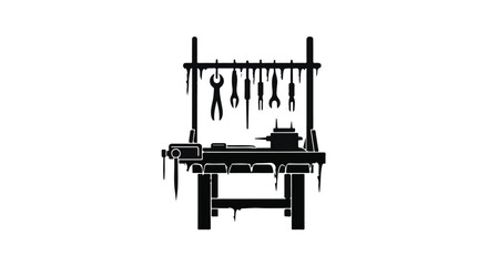 A workbench displays a vise and an assortment of tools hanging on a rack above.