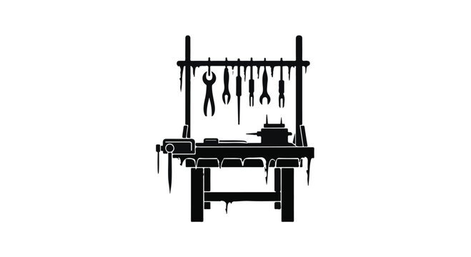 A workbench displays a vise and an assortment of tools hanging on a rack above.