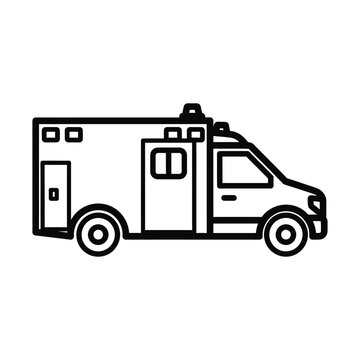 Line art illustration of an emergency medical service ambulance vehicle, depicted in a simple black and white style, ready for patient transport.