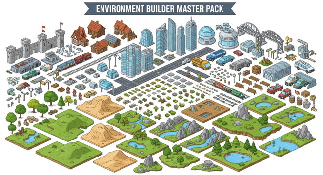 Isometric Cityscape Elements and Landscape Tiles for Game Design.