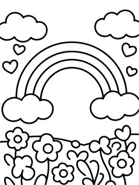 Whimsical Rainbow Garden: A cheerful black and white illustration of a rainbow arching across a serene landscape filled with clouds, hearts, and blooming flowers, symbolizing hope and joy.