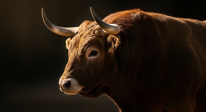 Majestic Brown Bull Portrait, Powerful Livestock Head with Horns, Close-up