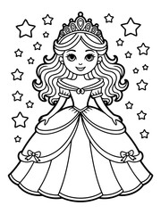 Fototapeta premium Princess Illustration: Enchanting depiction of a princess, adorned in a regal gown and sparkling tiara, surrounded by twinkling stars. It is an image of elegance and dreams.