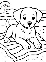 Fototapeta premium Puppy Beach Relaxation: A charming puppy enjoys a sun-soaked day, lounging on a beach towel with the ocean's waves. A perfect blend of joy and relaxation.