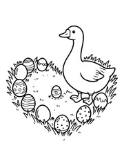 Fototapeta premium Easter Duck and Eggs Illustration: An adorable duck stands beside a collection of decorated eggs in a grassy nest, evoking the spirit of spring and festive celebration. 