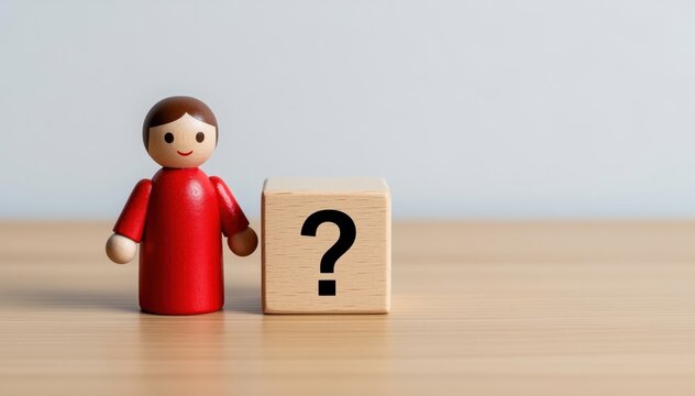Uncertainty: A wooden figure contemplates the unknown beside a question mark on a block, symbolizing questions, decisions and a quest for answers.