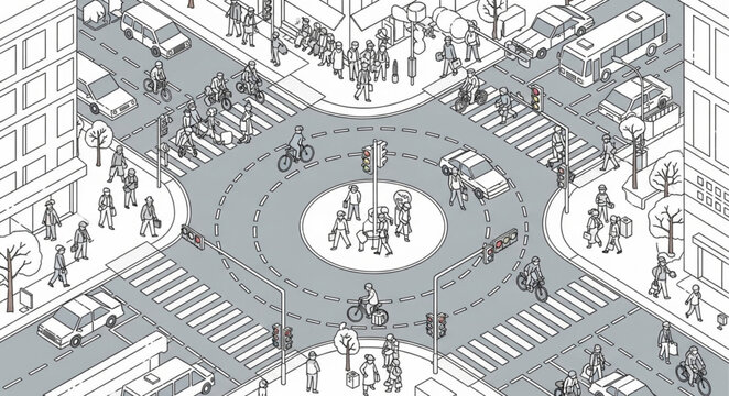 Isometric illustration of a busy city roundabout with cars and pedestrians.