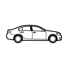 Obraz premium Simple black and white line art illustration of a modern sedan car viewed from the side, isolated on a white background.