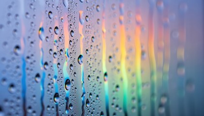 Naklejka premium Rainbow Rain: Delicate water droplets cling to a pane of glass, creating a mesmerizing pattern, with a vibrant rainbow of colors dancing through the background, evoking a sense of calm and beauty.