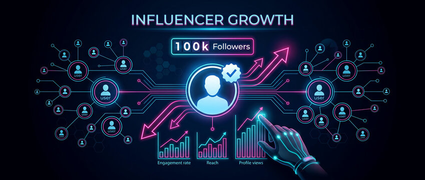 Digital network diagram showing influencer growth with charts and 100k followers