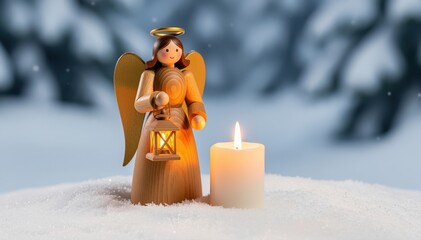 Obraz premium Guiding Light of the Season: A serene Christmas angel figurine tenderly holds a lantern, illuminating a single candle on a snowy stage, evoking the gentle magic and calm of the holiday spirit.