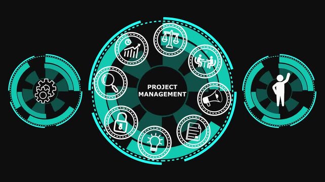 Project Management Concepts Set in Teal and White on Black Background Business Productivity Workflow Planning Strategy.
