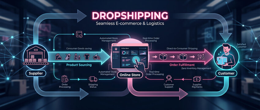 Dropshipping logistics flow with supplier and customer connection for e-commerce business