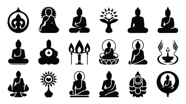 Collection of modern buddha icons and symbols representing enlightenment meditation and spirituality ideal for religious and cultural projects featuring diverse poses and stylized