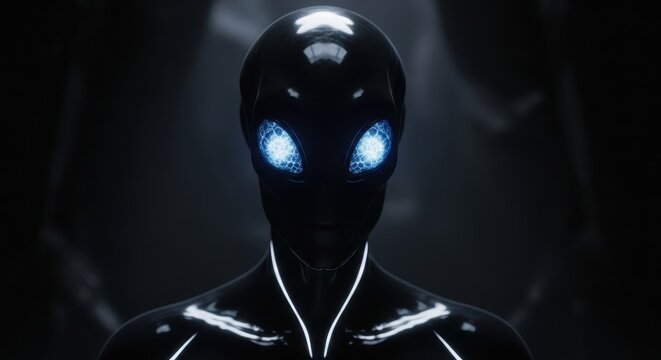 Mysterious Figure with Glowing Eyes in Dark Space.