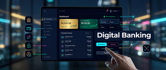Fototapeta premium Finger interacts with digital banking dashboard on tablet screen with city background