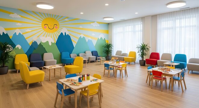 Bright waiting area with colorful mural and modern furniture indoors