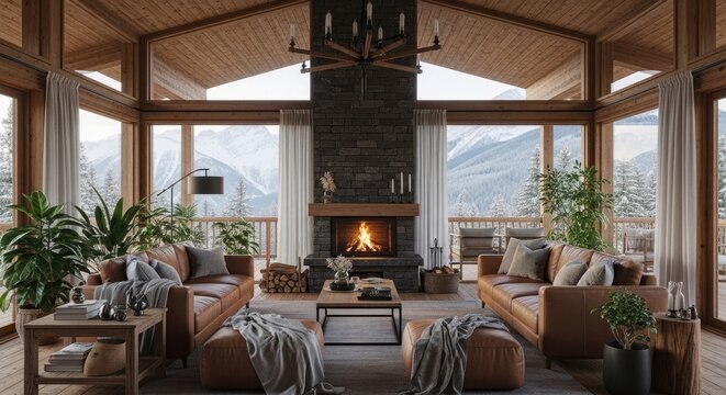 Cozy living room interior with fireplace and mountain view through large windows