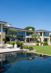 Fototapeta premium Luxury Modern Villa with Infinity Pool and Designer Landscaped Garden