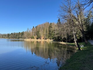 Obraz premium Artificial lake Trakoscan (Zagorje, Croatia) - Die See Trakoscan oder künstlicher Trakoscansee (Kroatien) - Umjetno jezero Trakošćan ili Trakošćansko jezero (Hrvatsko zagorje, Hrvatska)