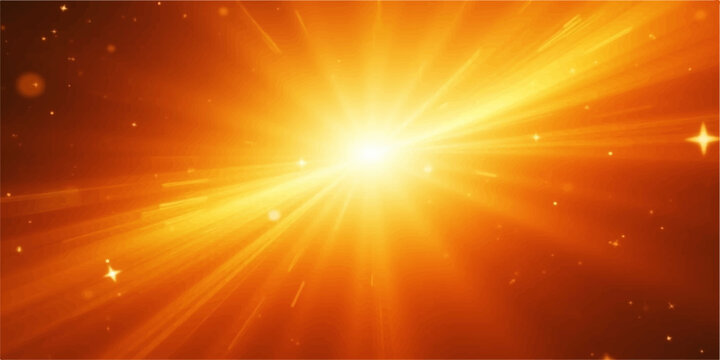 An abstract bright orange and yellow background featuring a warm summer sun burst with glowing rays of light exploding across a sunny sky vector design