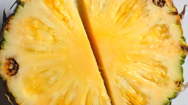 fresh pineapple half is sliced cleanly as a knife completes the cut, revealing juicy fibers, radial texture, and vibrant tropical color in a crisp macro food composition