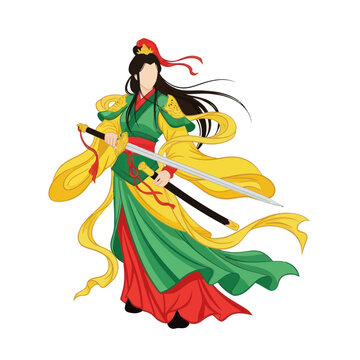 Ancient Chinese Warrior Woman with Sword, Traditional Green Yellow Robe, Elegant Pose