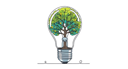 Green tree growing inside a light bulb representing sustainable energy and eco-friendly ideas. © Melatunz